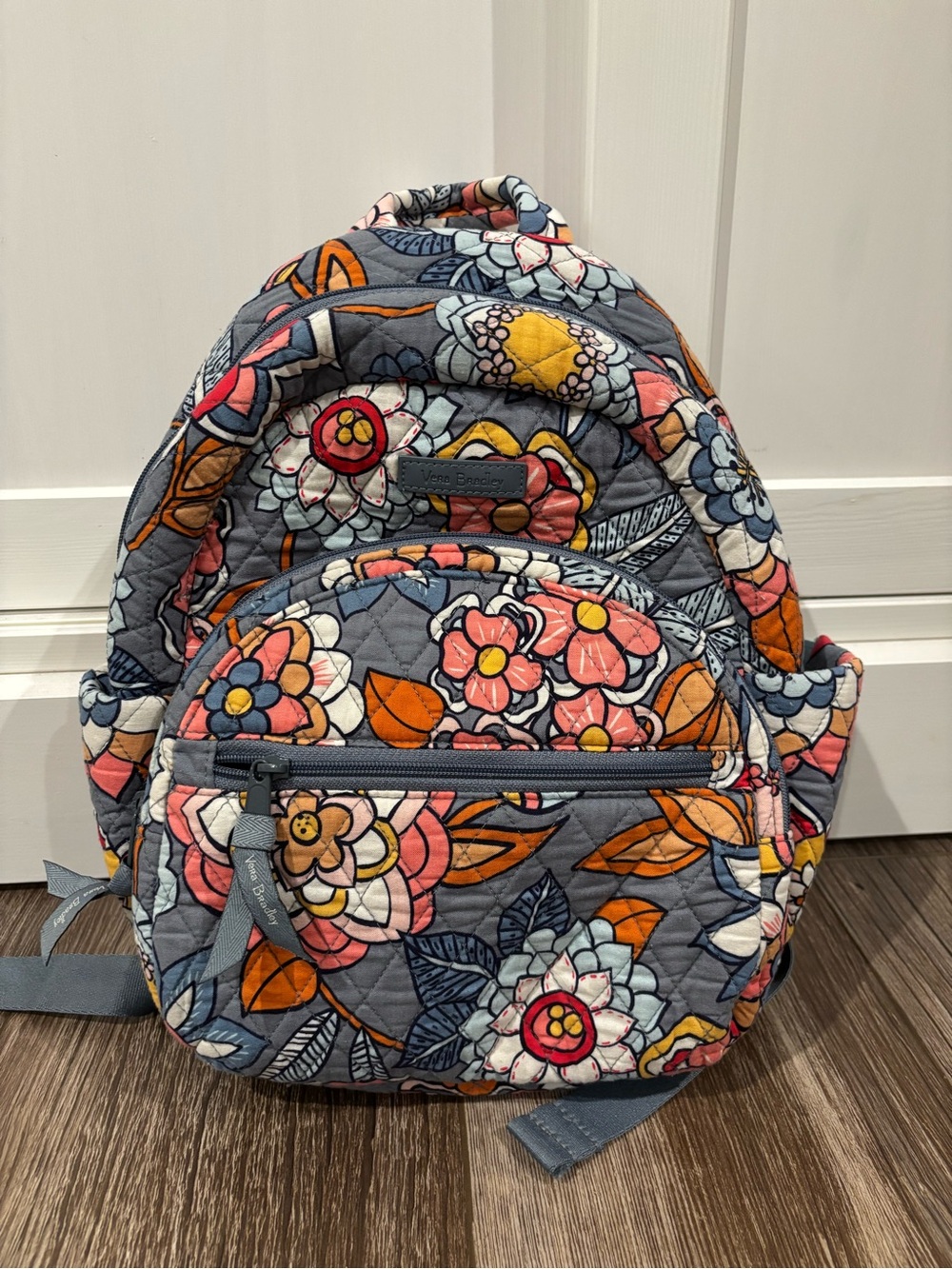 Vera Bradley Quilted Kids Backpack in Blue with Pink and Orange Floral Print